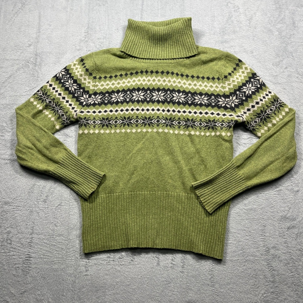 Nomadic Traders Turtleneck Sweater Womens Green Fair Isle Snowflake Wool Blend M
